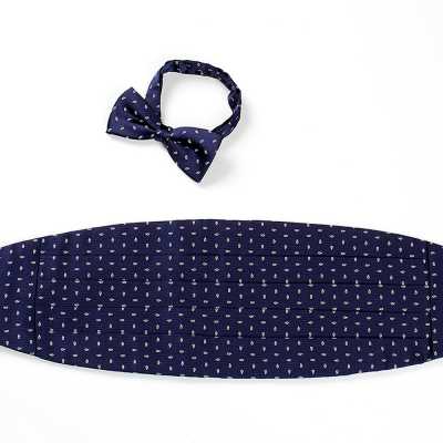 VCM-23 Ceinture de smoking confectionnée avec tissu VANNERS, Paisley Dot, bleu marine