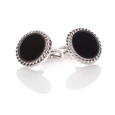 A-1-C Boutons de manchette de cérémonie en argent sterling, onyx, argent, ronds